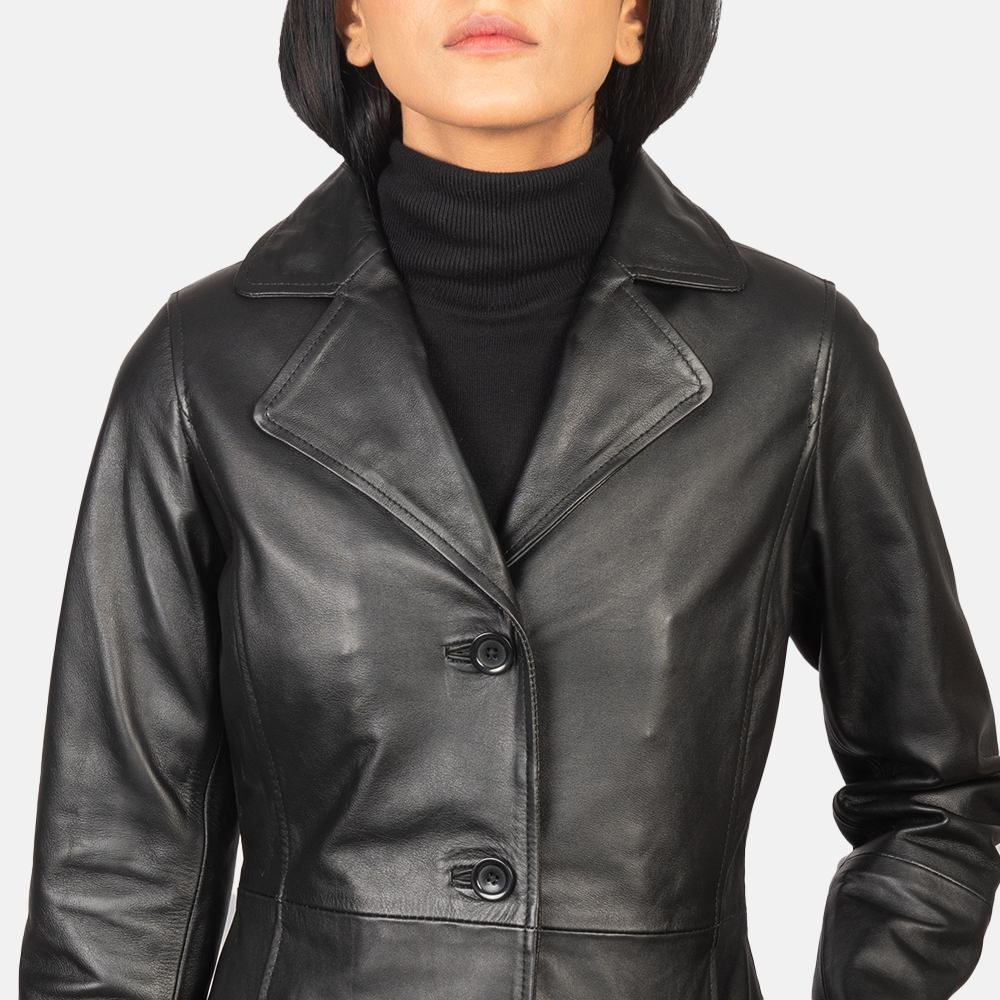 Alexis Black Single Breasted Leather Coat - Thumbnail 5