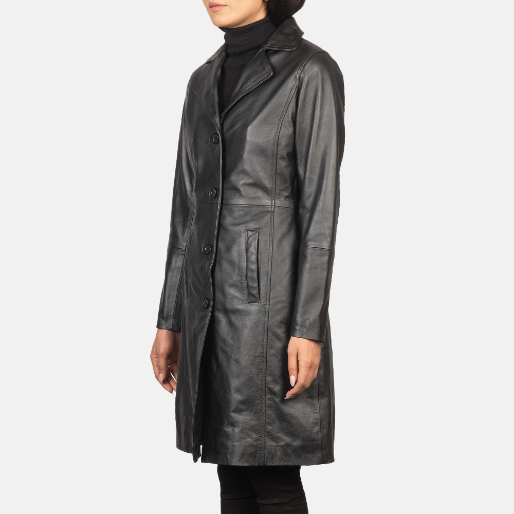 Alexis Black Single Breasted Leather Coat - Thumbnail 2