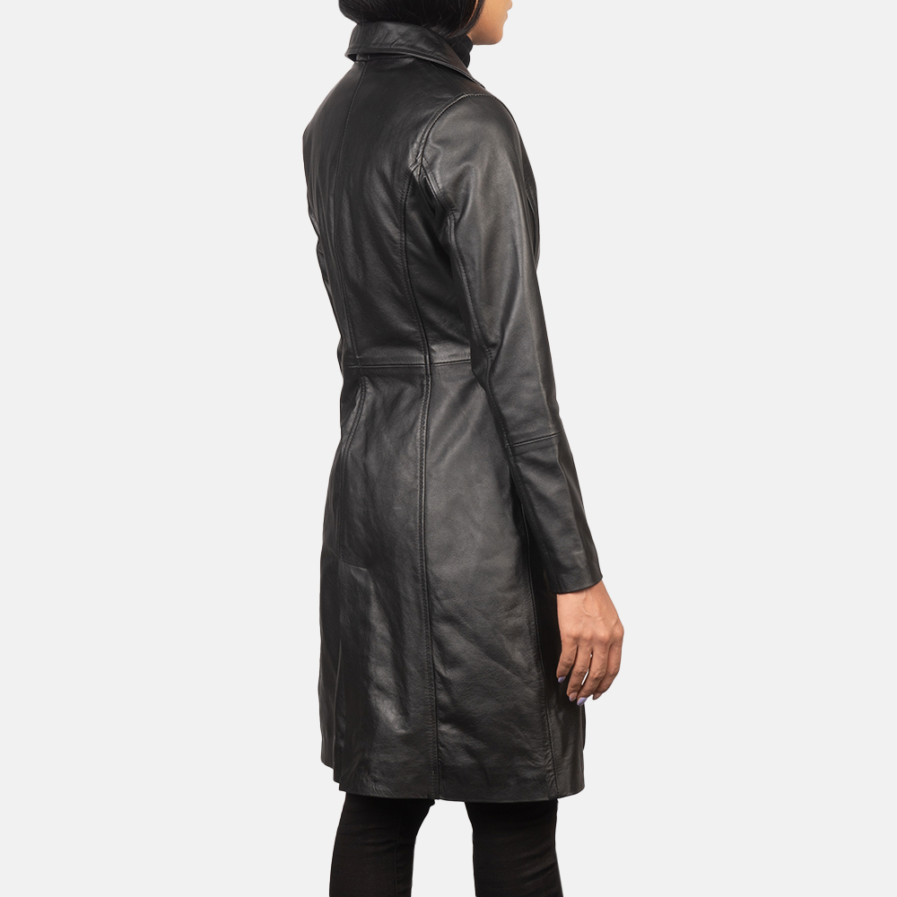 Alexis Black Single Breasted Leather Coat - Thumbnail 4