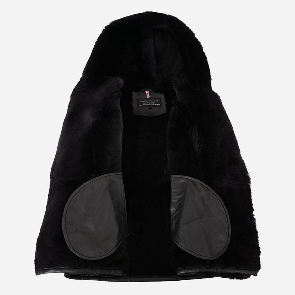 LADIES SHEEPSKIN SHEARLING B3 FLYING BLACK GENUINE FUR HOODIE JACKET - Thumbnail 4
