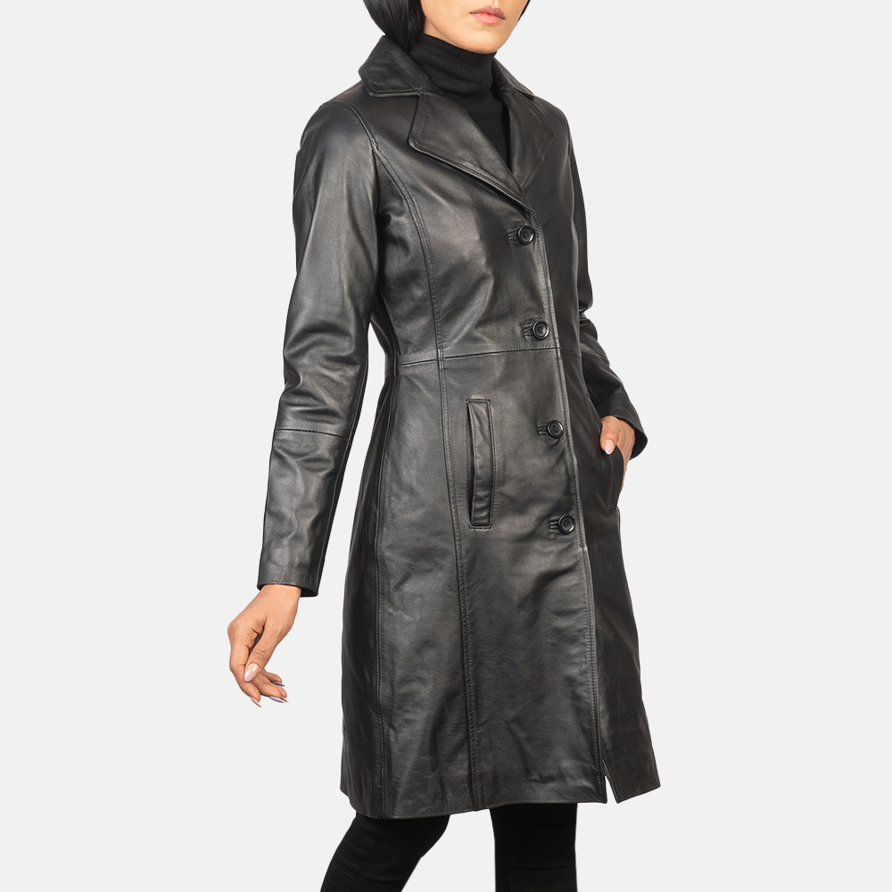 Alexis Black Single Breasted Leather Coat - Thumbnail 3