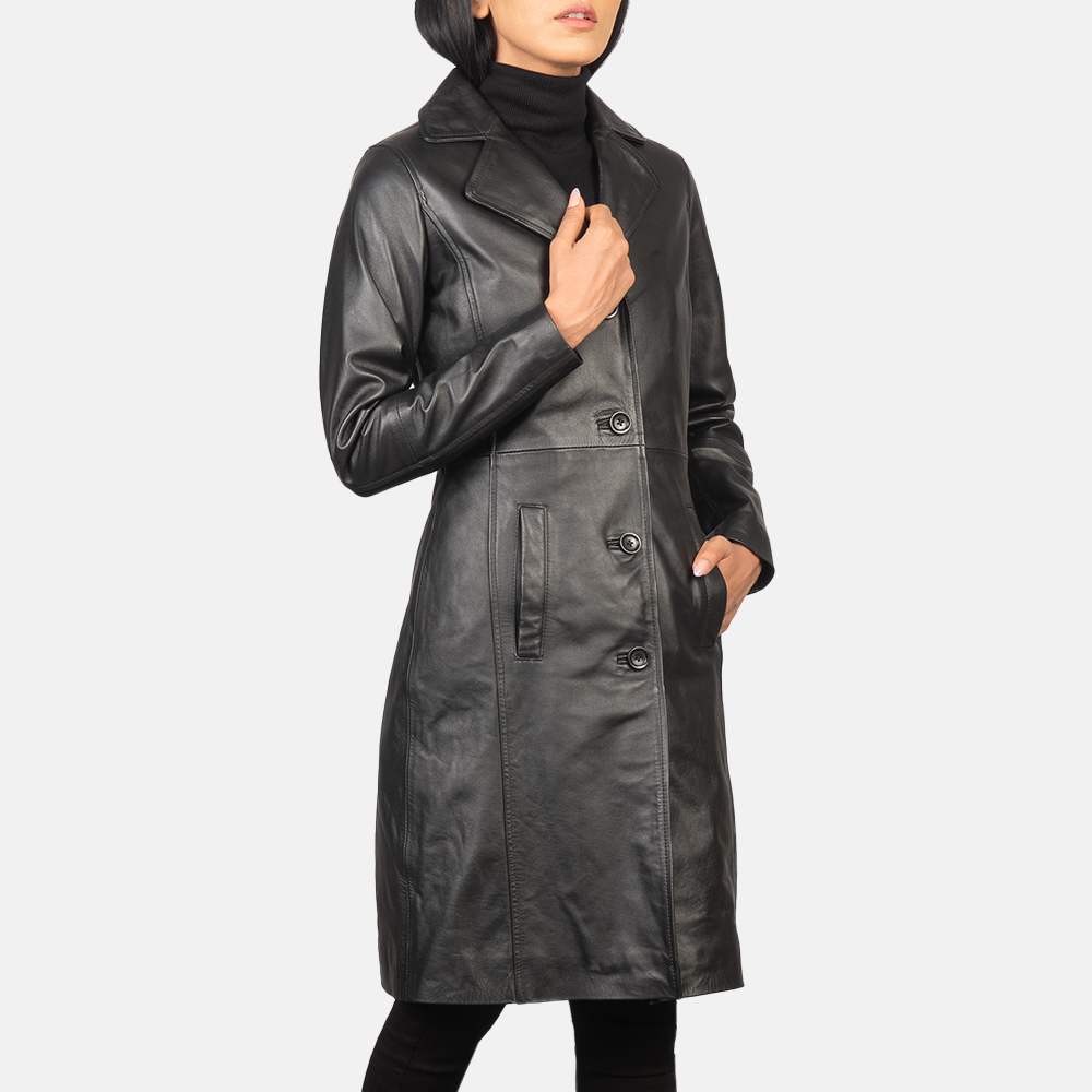 Alexis Black Single Breasted Leather Coat - Thumbnail 6