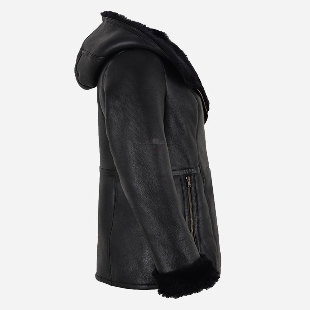 LADIES SHEEPSKIN SHEARLING B3 FLYING BLACK GENUINE FUR HOODIE JACKET - Thumbnail 2