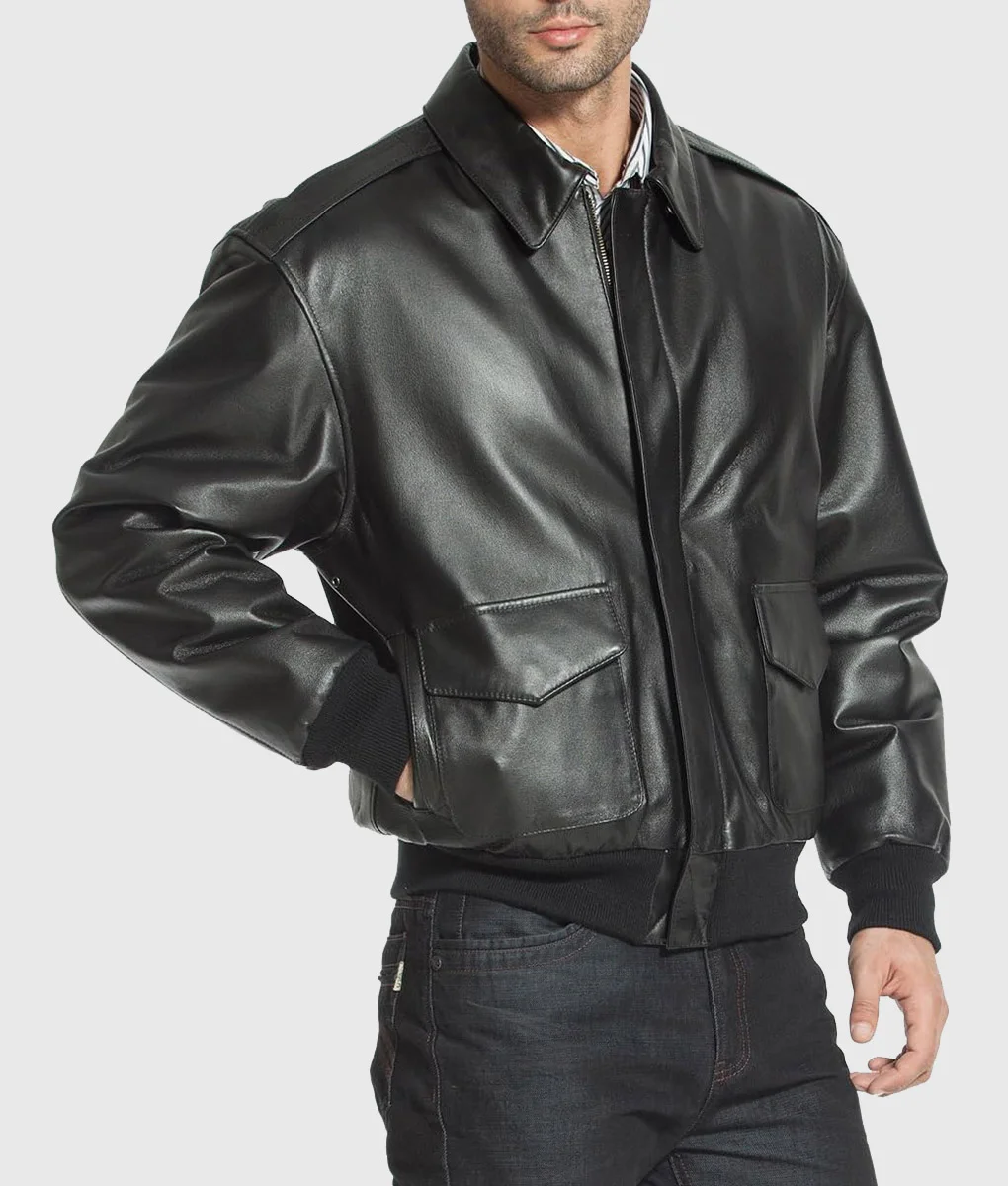 Classic Men’s Black Leather Bomber Jacket - Image 3