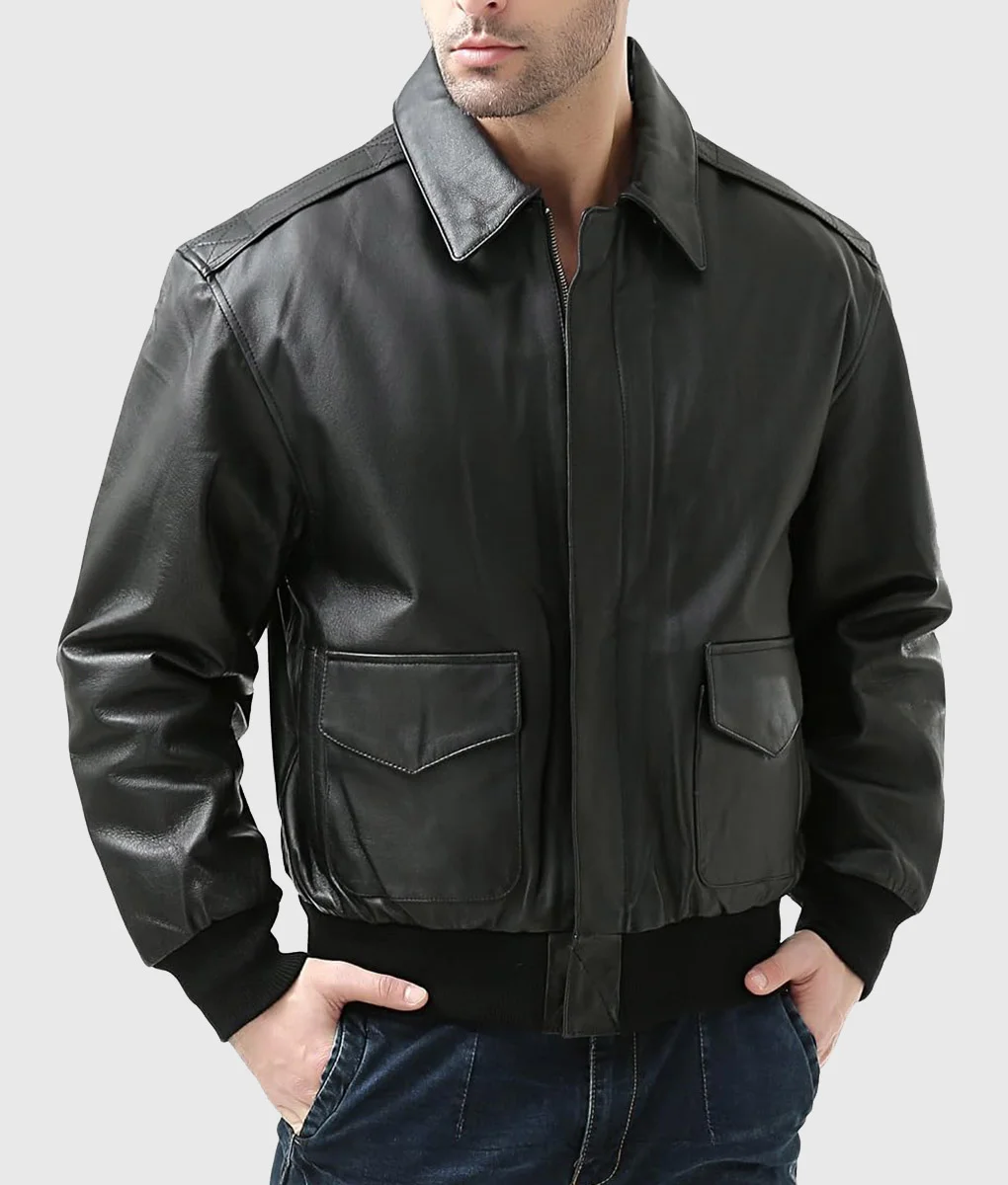 Classic Men’s Black Leather Bomber Jacket