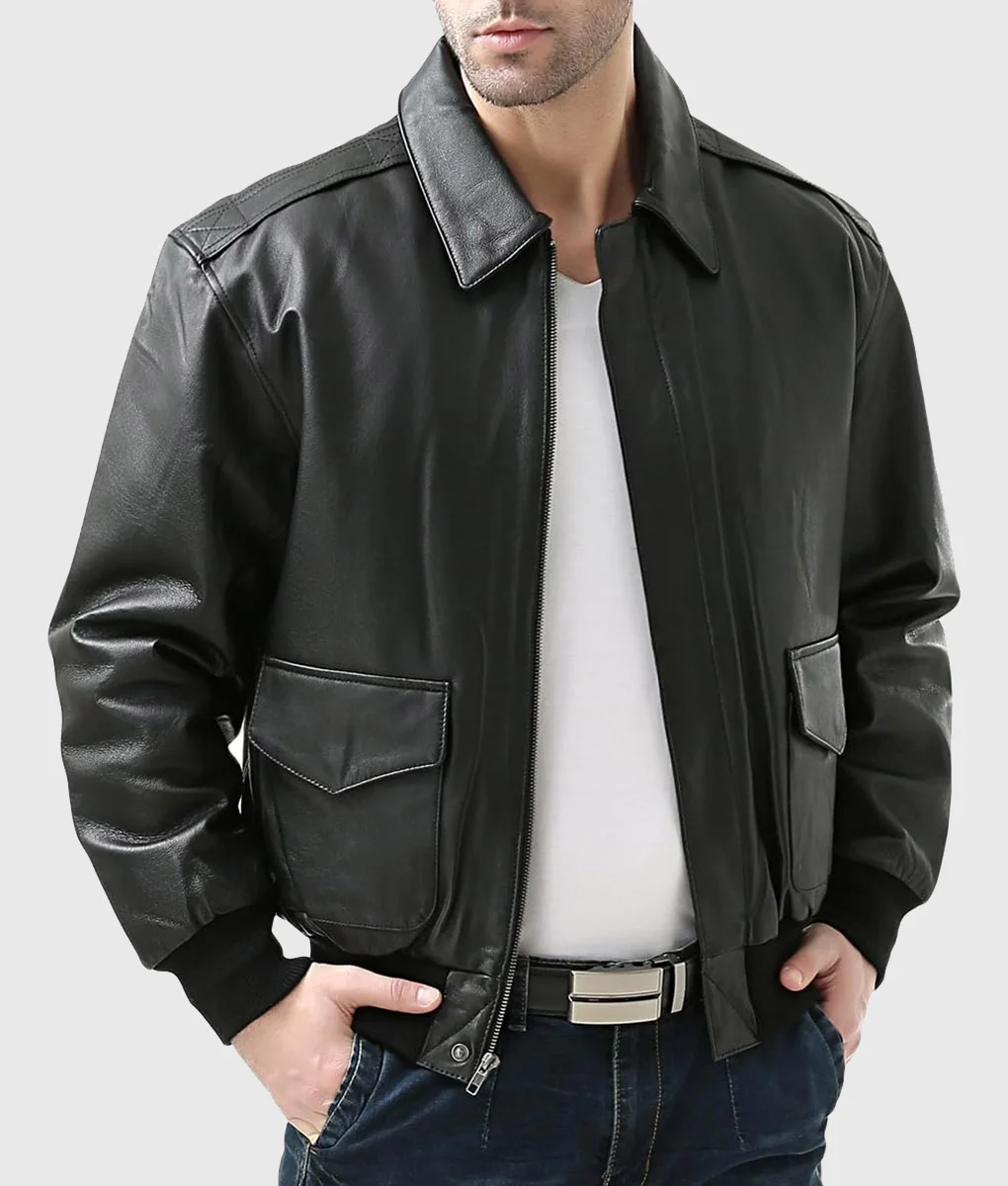 Classic Men’s Black Leather Bomber Jacket - Image 2