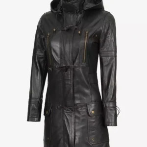 Lisa Womens Black Hooded 3 4 Leather Coat